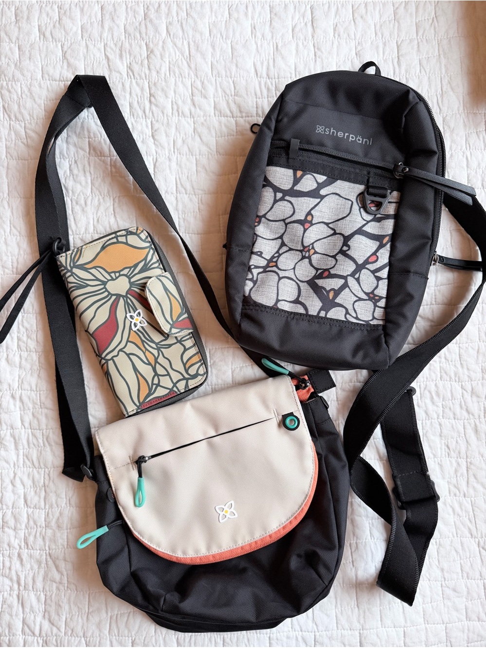 Sherpani Black Backpack with Floral Panel and Beige Crossbody Set—all 3 for $50